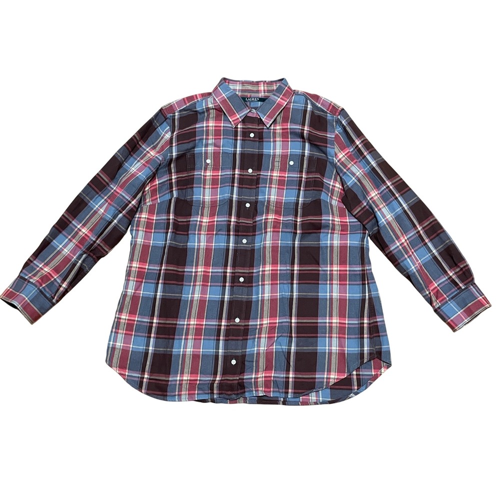 Lauren Ralph Lauren Womens 2X Brown Blue Red Plaid Button Down Shirt Long Sleeve